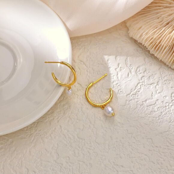 Pearl Dangle Earrings14K Gold Plated Pearl Drop Hoop Huggie Dangling Earrings - Picture 5 of 6